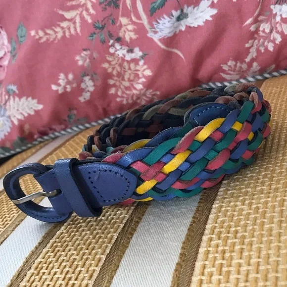 Vintage Leather Multicolor Navy Blue Yellow Green Burgundy Woven Belt Size M/L - Picture 4 of 7